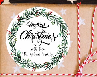 Custom Christmas Stickers, Personalised Gift Wrapping Stickers, Watercolor Stickers, Christmas Gift Labels, Merry Christmas Family Labels