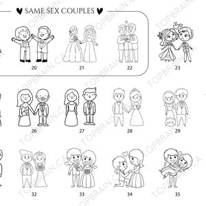 Pu&ograve; includere: Illustrazioni in bianco e nero di coppie dello stesso sesso in varie pose nuziali. Le immagini mostrano coppie che si tengono per mano, si abbracciano e indossano abiti da sposa. Il testo "SAME SEX COUPLES" &egrave; in alto.
