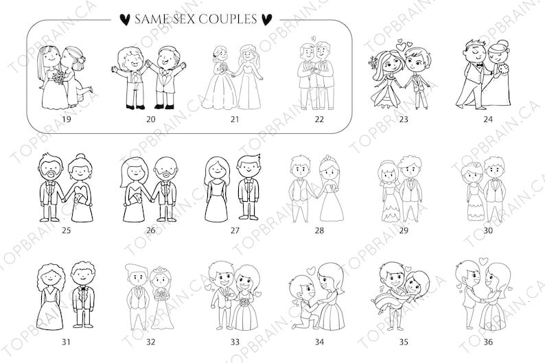 Pu&ograve; includere: Illustrazioni in bianco e nero di coppie dello stesso sesso in varie pose nuziali. Le immagini mostrano coppie che si tengono per mano, si abbracciano e indossano abiti da sposa. Il testo "SAME SEX COUPLES" &egrave; in alto.