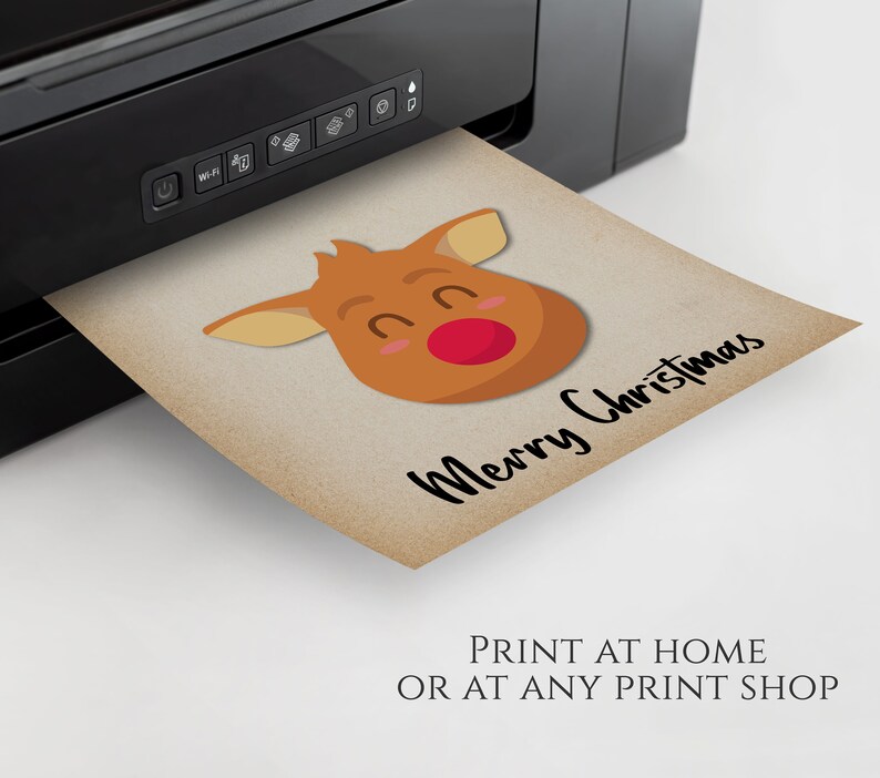 May include: Printable Christmas card featuring a cartoon reindeer with a red nose and the text "Merry Christmas".
