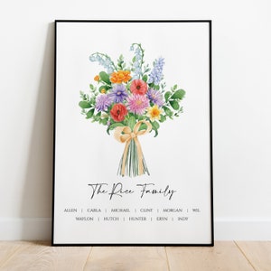Birth Flower Bouquet | Personalized Gift Grandmas Birthday, Moms Birthday Bloom Gift | Personalized Garden Print Birth Month Flower Art