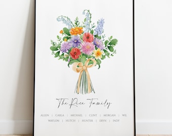 Lámina personalizada con ramo de flores de nacimiento / Arte personalizado para el jardín familiar
