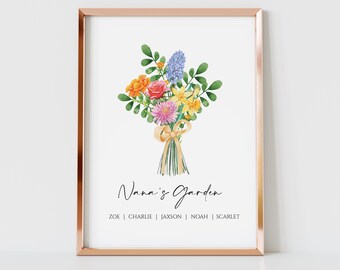 May include: A watercolor illustration of a bouquet of flowers in a vase with the text "Nana's Garden" and the names Zoe, Charlie, Jaxson, Noah, and Scarlet.
