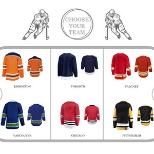 Op de afbeelding: Een afbeelding met verschillende hockeytruien voor verschillende teams. De teams zijn Edmonton, Toronto, Calgary, Vancouver, Chicago en Pittsburgh. De tekst "Kies je team" staat bovenaan de afbeelding.