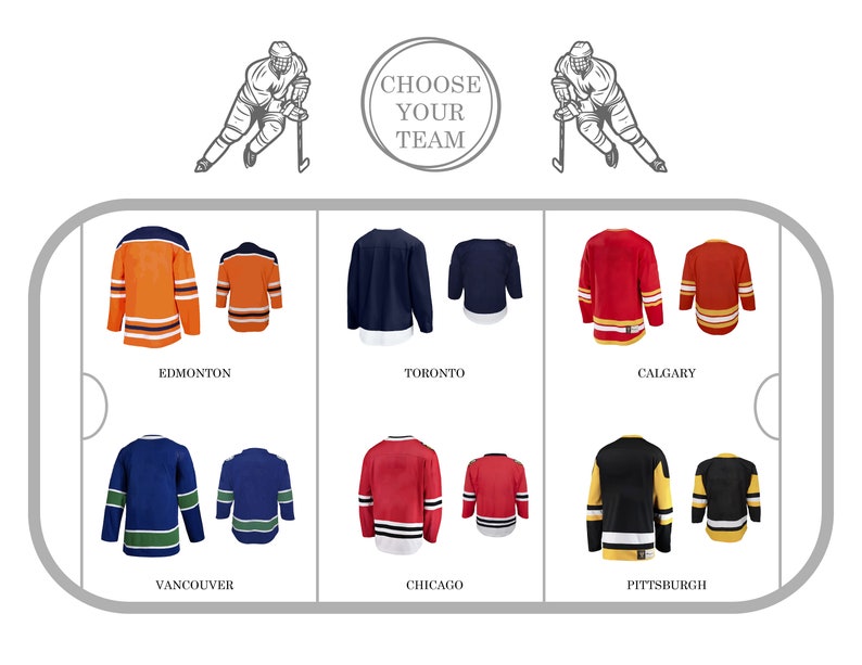 Op de afbeelding: Een afbeelding met verschillende hockeytruien voor verschillende teams. De teams zijn Edmonton, Toronto, Calgary, Vancouver, Chicago en Pittsburgh. De tekst "Kies je team" staat bovenaan de afbeelding.