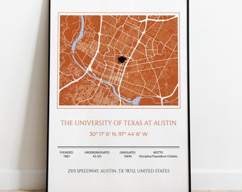 Impression de carte de l'Université du Texas à Austin, cadeau de remise des diplômes, art de campus personnalisé
