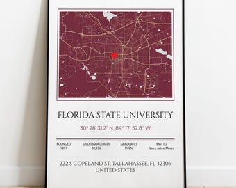 Impression de carte de l'université d'État de Floride, cadeau de remise des diplômes, coordonnées (fichier numérique)