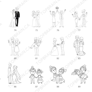 Pu&ograve; includere: Una collezione di illustrazioni in bianco e nero che raffigurano varie scene di matrimonio. Le immagini mostrano coppie in diverse pose, tra cui abbracci, balli e tenendosi per mano. Lo stile &egrave; semplice e adatto a prodotti legati al matrimonio.