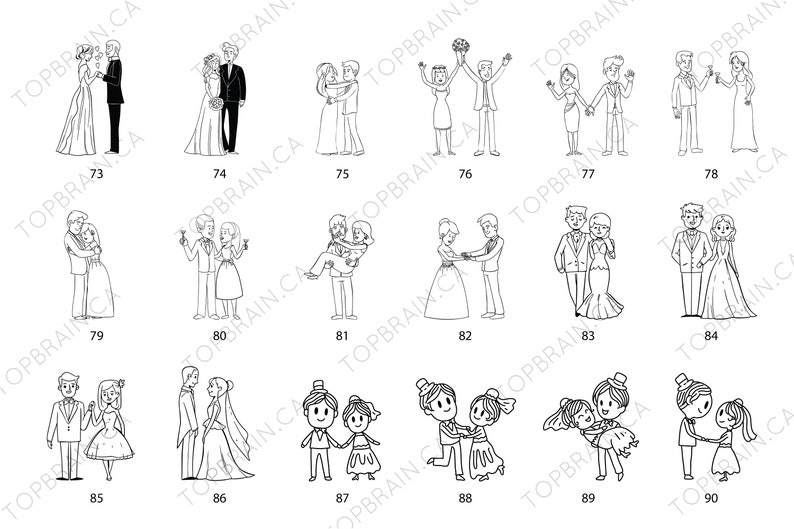 Pu&ograve; includere: Una collezione di illustrazioni in bianco e nero che raffigurano varie scene di matrimonio. Le immagini mostrano coppie in diverse pose, tra cui abbracci, balli e tenendosi per mano. Lo stile &egrave; semplice e adatto a prodotti legati al matrimonio.