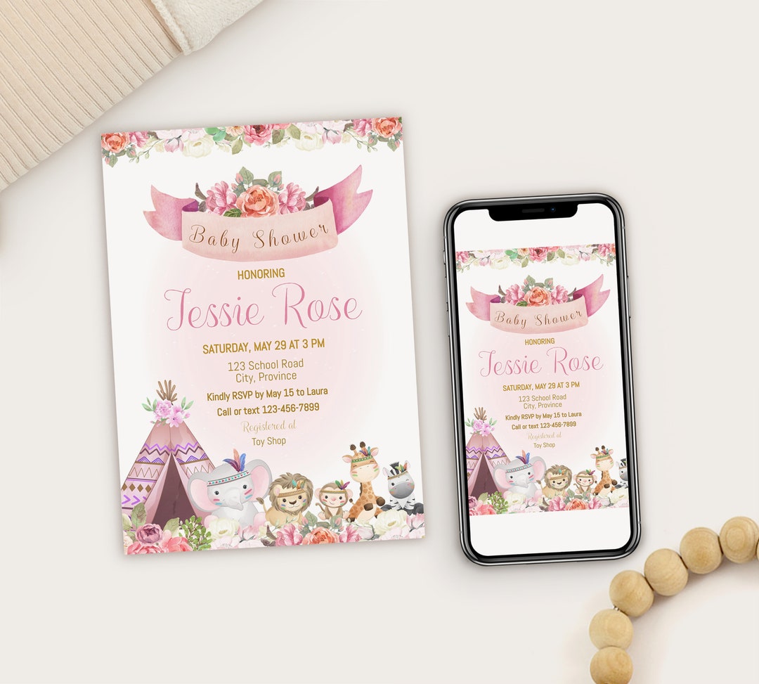 Virtual Zoom Baby Shower Invitation Boho Baby Shower by Mail Etsy