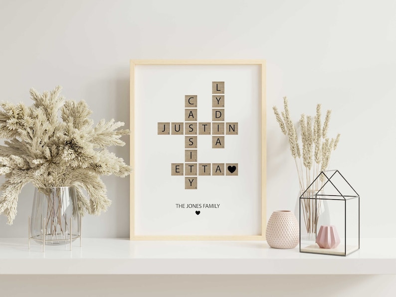 Personalized Family Name Sign, Crossword Scrabble Print, Custom Family Letter Tile Print, Name Puzzle, Last Name Sign, Best Friend Gifts image 1