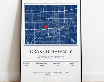 Impression personnalisée de cadeau de remise de diplôme universitaire, carte de l'université Drake, cadeaux de remise de diplôme pour elle, cadeau pour étudiant universitaire,