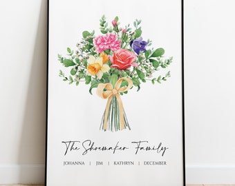 Ramo de flores de nacimiento, regalo personalizado, cumpleaños de la abuela, regalo de cumpleaños de la mamá, regalo imprimible, impresión de jardín personalizada, arte floral del mes de nacimiento