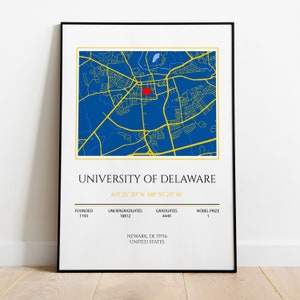 Impression personnalisée de cadeau de remise de diplôme universitaire, carte de l'Université du Delaware à imprimer, cadeaux de remise de diplôme pour elle, cadeau pour étudiant universitaire,