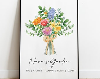Ramo de flores de nacimiento, regalo personalizado, regalo imprimible personalizado, impresión de jardín personalizada, regalo del Día de la Madre para la abuela, arte floral del mes de nacimiento