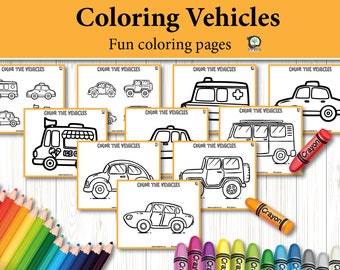 Kids Activity Coloring Pages, Printable Kids Activity Book, Cars Greyscale Coloring Sheets for Toddlers, Pre-K, Kindergarten