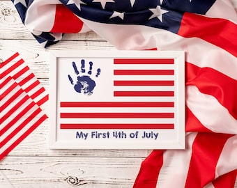 First 4th of July Independence Day Handprint Footprint Art Craft, USA Flag American America Child DIY Baby Kids Card, Toddler Art Craft