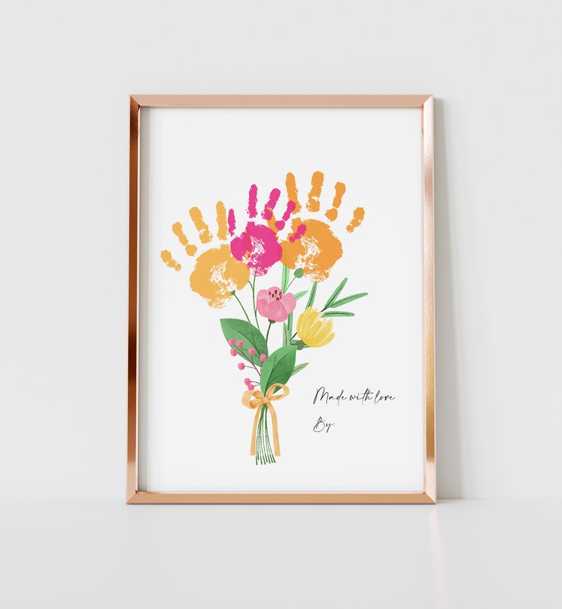 Custom Valentine Art Print Handprint Love Keepsake Floral Bouquet Mom Mother Meaningful Gift for Her DIY Craft Kid Children Toddler Activity image 1