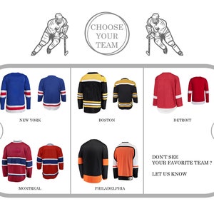 Op de afbeelding: Een afbeelding met hockeytruien van verschillende teams. De truien worden weergegeven op een witte achtergrond met een afbeelding van een ijshockeybaan. De getoonde teams zijn New York, Boston, Detroit, Montreal en Philadelphia. De tekst "Kies je team" staat bovenaan de afbeelding. De tekst "Zie je je favoriete team niet? Laat het ons weten" staat onderaan de afbeelding.