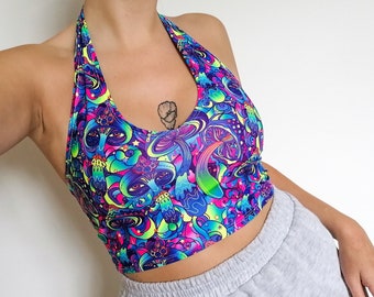 Psychedelic Crop Top UV Rave Outfit Festival Rave Fashion Trippy Magic Mushroom Bralet and Skirt Co-ord Pastel Goth
