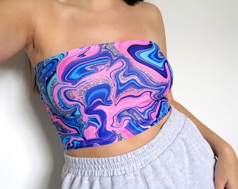 Psychedelic Crop Top UV Rave Outfit Festival Rave Fashion Trippy Magic Mushroom Bralet and Skirt Co-ord Pastel Goth
