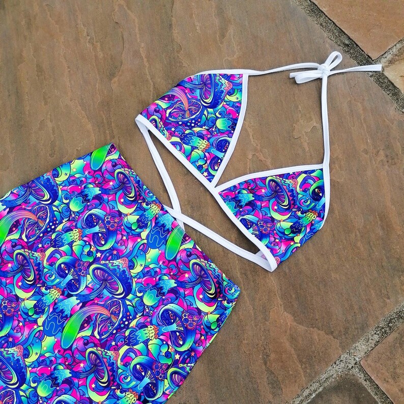 Psychedelic Crop Top UV Rave Outfit Festival Rave Fashion Trippy Magic Mushroom Bralet and Skirt Co-ord Pastel Goth