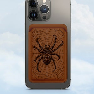 Cartera magnética con diseño de araña para iPhone 12-16, tarjetero, diseño de tarántula vintage, personalizada, con estampado en blanco o negro.
