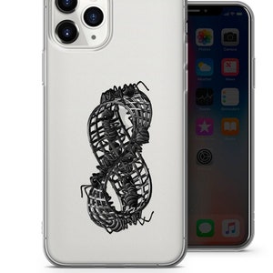 May include: A clear phone case with a black and white graphic of ants forming the shape of an infinity symbol.