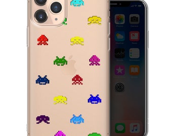 Retro Arcade Clear Phone Case, Alien Invaders, UFO Gaming Cover - Fits iPhone 8, SE20-22, 11, 12, 13, 14, 15, 16 | Samsung S23, S24, S25, FE