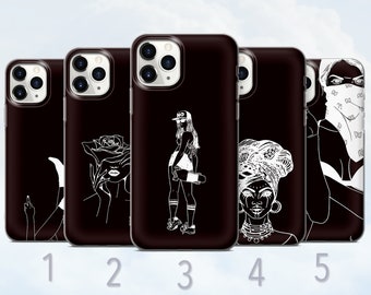 Line Art Phone Case, Aesthetic Feminine Line Drawing Black Cover - Fits iPhone 6, 7, 8, SE2020, Xs, Xr, 11, 12, 13, 14 | Samsung | Huawei