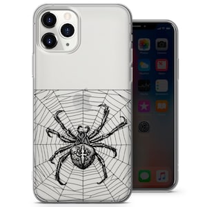 Spider Clear Phone Case, Spiderweb Line Art Vintage Drawing - Fits iPhone 6, 7, 8, SE, Xs,Xr, 11, 12, 13 | Samsung S10, S20, S21, S22 | M405