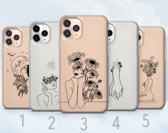 Line Art Clear Phone Case, Aesthetic Feminine Drawing Cover - Fits iPhone 8, SE2022, Xs, Xr, 11, 12, 13, 14, 15, 16 | Samsung S23, S24, S25