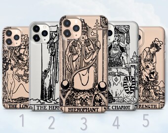 Tarot Clear Phone Case, Lovers, Hermit, Hierophant, Chariot, Strength - Fits iPhone 8, SE2022, Xs, 11, 12, 13, 14, 15, 16 | Samsung S24, S25