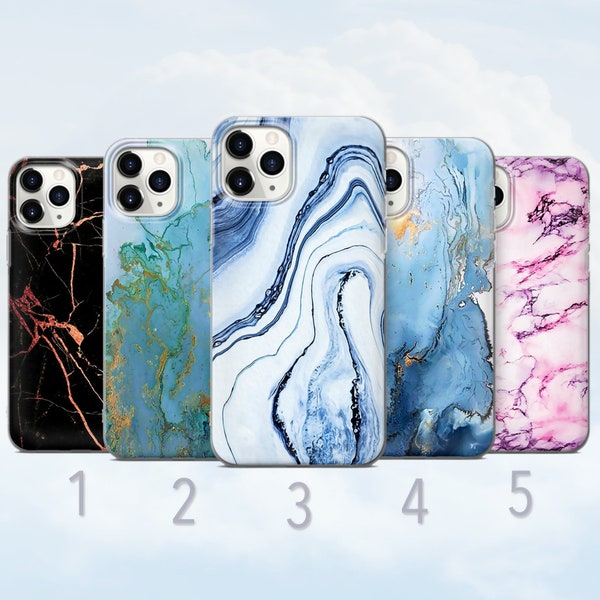 Marble Phone Case, Blue, Black, Pink, Aesthetic Classic Elegant Cover - Fits iPhone 6, 7, 8, SE2020, Xs, Xr, 11, 12, 13, 14 | Samsung S20