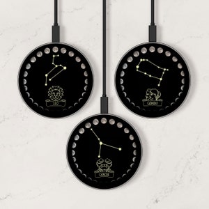 Leo Cancer Gemini Zodiac and Moon Cycles Wireless Charger, Custom Charging Pad for iPhone 12, 13, 14, 15, 16, Samsung S22, S23, S24, S25, FE