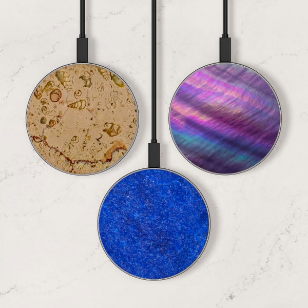 Fossil Marble Pearl Shell Blue Stone Print Wireless Charger, Custom Charging Pad, Fast Qi Charger for iPhone X, 12, 13, 14, Samsung S21, S22