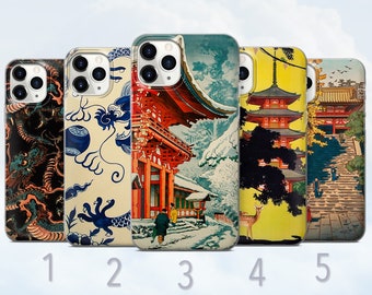 Japanese Art Phone Case, Dragon, Temple, Japan Vintage Art Cover - Fits iPhone 8, SE2022, Xs, 11, 12, 13, 14, 15, 16 | Samsung S23, S24, S25