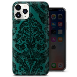 May include: A teal and black phone case with a damask pattern. The case is made of clear plastic and has a raised lip around the camera lens.