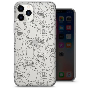 Funda transparente con dibujos de fantasmas, diseño de líneas transparentes - Compatible con iPhone 7, 8, SE2022, XS, XR, 11, 12, 13, 14 y 15 / Samsung S10, S23 y S24