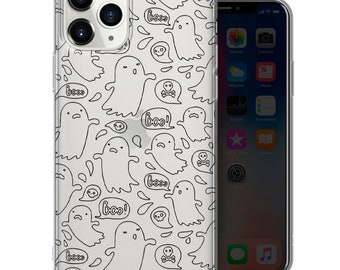 Cartoon Ghosts Clear Phone Case, Transparent Line Art Cover - Fits iPhone 7, 8, SE2022, Xs, Xr, 11, 12, 13, 14, 15 | Samsung S10, S23, S24