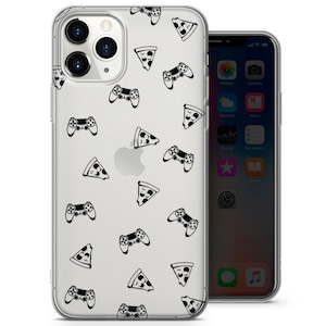 May include: Clear phone case with a black and white pattern of pizza slices and video game controllers.