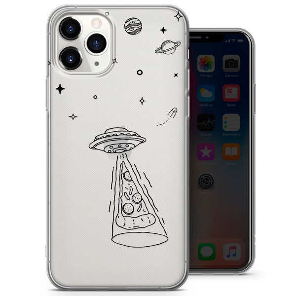 Space Doodle Clear Phone Case, UFO, Pizza, Alien, Stars Cover - Fits iPhone 6, 7, 8, SE2020, Xs, Xr, 11, 12, 13, 14 | Samsung S21, S22, FE