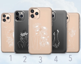Line Art Clear Phone Case, Aesthetic Feminine Line Drawing Cover - Fits iPhone 8, SE2022, Xs, Xr, 11, 12, 13, 14, 15 | Samsung S10, S23, S24