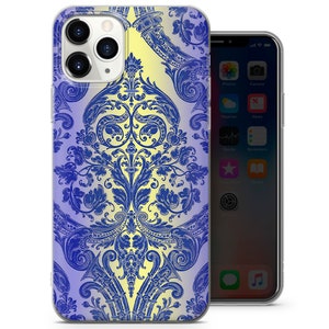 May include: A clear phone case with a blue and yellow damask pattern. The case is designed for an iPhone with a camera bump.