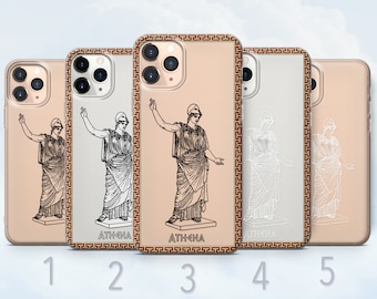 Goddess Athena Clear Phone Case, Vintage Mythology Drawing Cover - Fits iPhone 8, SE2022, Xs, Xr, 11, 12, 13, 14, 15 | Samsung S10, S23, S24