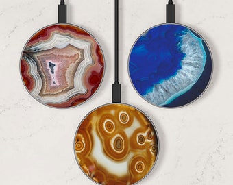 Geode Slice Agate Gemstone Print Wireless Charger, Custom Charging Pad, Fast Qi Charger for iPhone X, 11, 12, 13, 14, Samsung S21, S22, S23