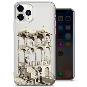 May include: Clear phone case featuring a black and white architectural illustration. The artwork depicts a multi-level structure with arches, stairs, and figures, reminiscent of M.C. Escher's work. The case is shown on a smartphone.