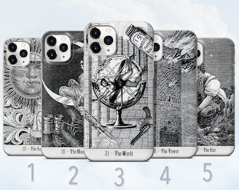Art Deco Tarot Phone Case, Black and White, Vintage Art Cover - Fits iPhone 8, SE2022, Xr, 11, 12, 13, 14, 15, 16 | Samsung S23, S24, S25,FE
