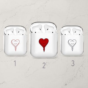 Étui pour AirPods coeur kawaii, dessin de coeur souriant mignon heureux, housse de protection transparente pour 1re, 2e, 3e génération | Samsung Buds, Buds 2, Pro, Live
