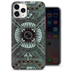 May include: A clear phone case with a geometric design featuring a black and white pattern with a green and blue center. The design is reminiscent of a stained glass window.